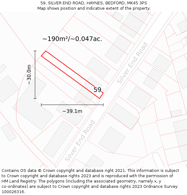 59, SILVER END ROAD, HAYNES, BEDFORD, MK45 3PS: Plot and title map