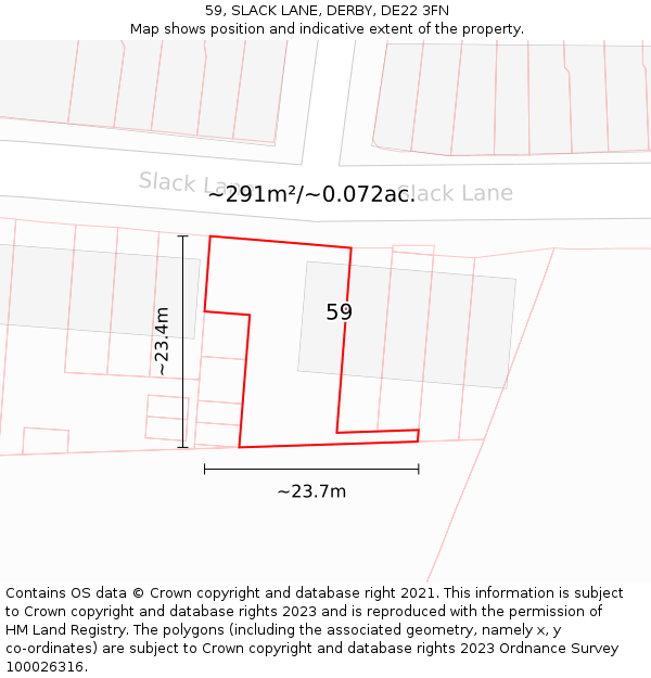 59, SLACK LANE, DERBY, DE22 3FN: Plot and title map
