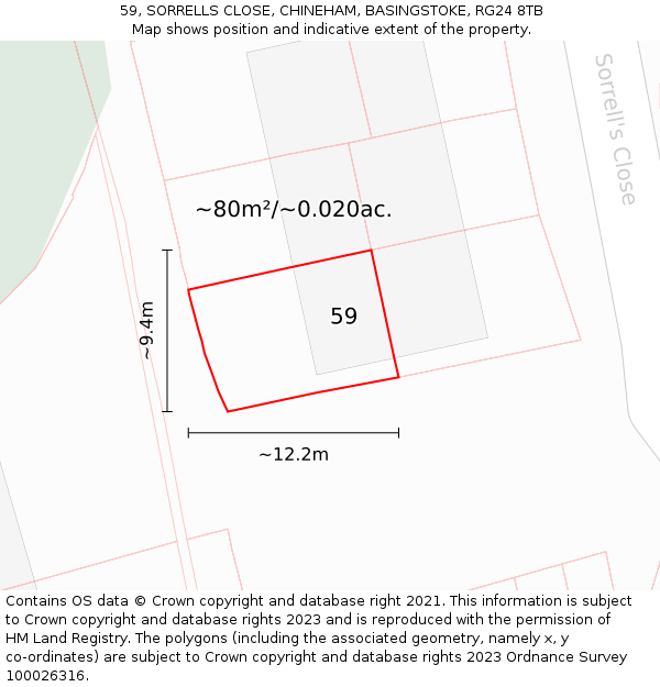 59, SORRELLS CLOSE, CHINEHAM, BASINGSTOKE, RG24 8TB: Plot and title map
