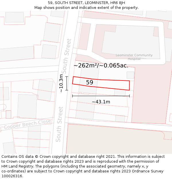 59, SOUTH STREET, LEOMINSTER, HR6 8JH: Plot and title map