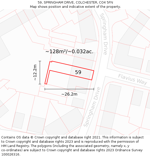 59, SPRINGHAM DRIVE, COLCHESTER, CO4 5FN: Plot and title map