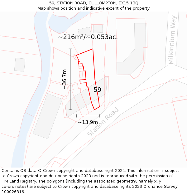 59, STATION ROAD, CULLOMPTON, EX15 1BQ: Plot and title map