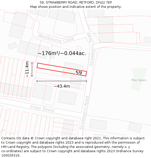 59, STRAWBERRY ROAD, RETFORD, DN22 7EP: Plot and title map