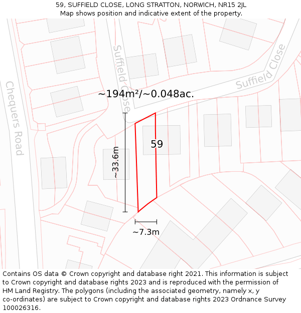 59, SUFFIELD CLOSE, LONG STRATTON, NORWICH, NR15 2JL: Plot and title map