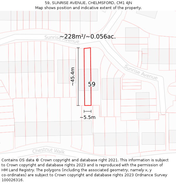 59, SUNRISE AVENUE, CHELMSFORD, CM1 4JN: Plot and title map