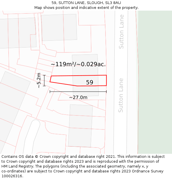 59, SUTTON LANE, SLOUGH, SL3 8AU: Plot and title map