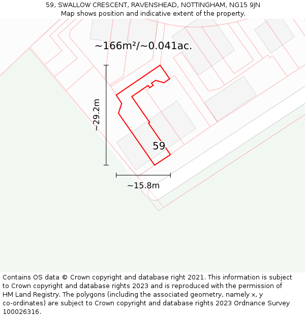 59, SWALLOW CRESCENT, RAVENSHEAD, NOTTINGHAM, NG15 9JN: Plot and title map