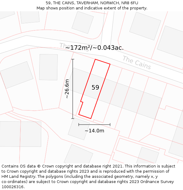 59, THE CAINS, TAVERHAM, NORWICH, NR8 6FU: Plot and title map