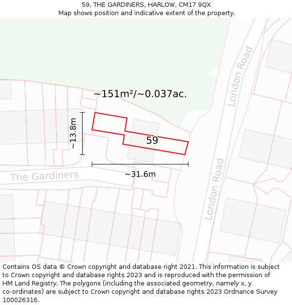 59, THE GARDINERS, HARLOW, CM17 9QX: Plot and title map