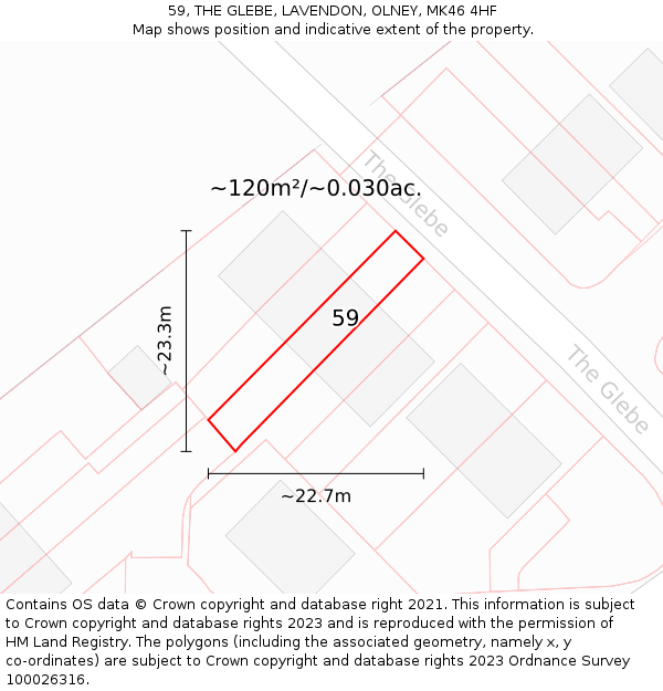 59, THE GLEBE, LAVENDON, OLNEY, MK46 4HF: Plot and title map