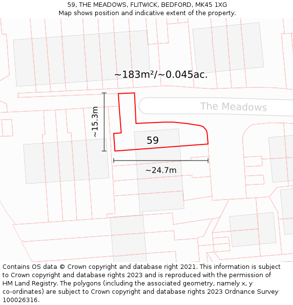 59, THE MEADOWS, FLITWICK, BEDFORD, MK45 1XG: Plot and title map