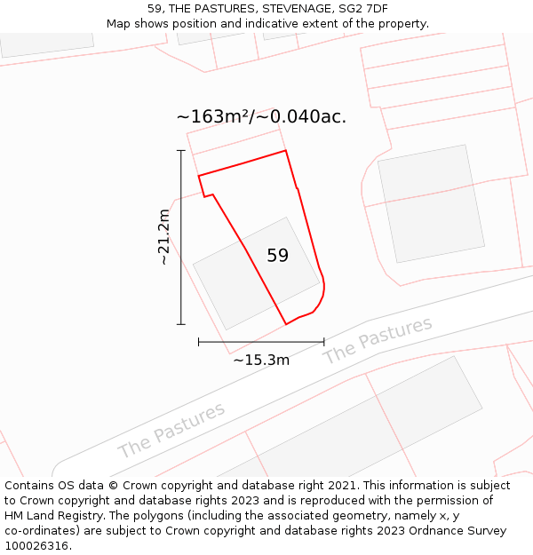 59, THE PASTURES, STEVENAGE, SG2 7DF: Plot and title map