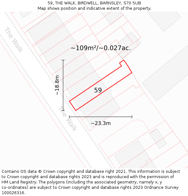 59, THE WALK, BIRDWELL, BARNSLEY, S70 5UB: Plot and title map