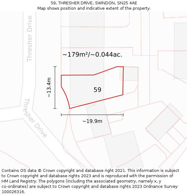 59, THRESHER DRIVE, SWINDON, SN25 4AE: Plot and title map