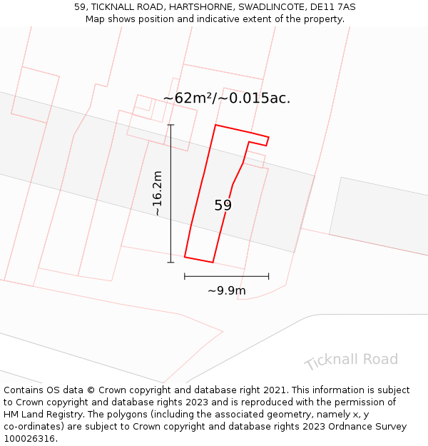 59, TICKNALL ROAD, HARTSHORNE, SWADLINCOTE, DE11 7AS: Plot and title map
