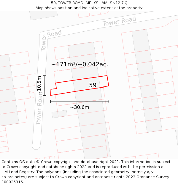 59, TOWER ROAD, MELKSHAM, SN12 7JQ: Plot and title map