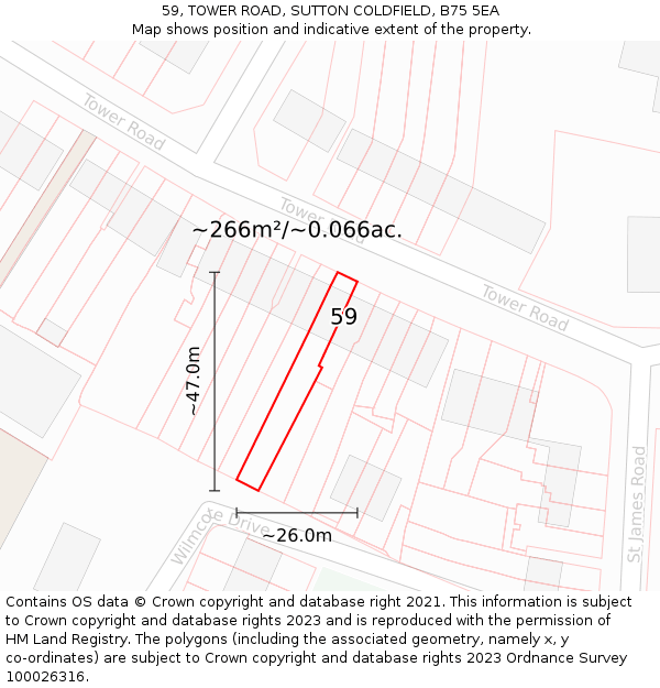 59, TOWER ROAD, SUTTON COLDFIELD, B75 5EA: Plot and title map