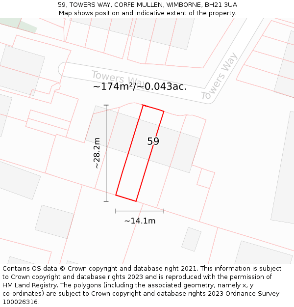 59, TOWERS WAY, CORFE MULLEN, WIMBORNE, BH21 3UA: Plot and title map