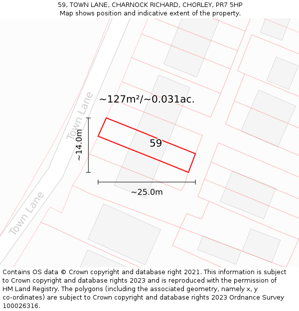 59, TOWN LANE, CHARNOCK RICHARD, CHORLEY, PR7 5HP: Plot and title map