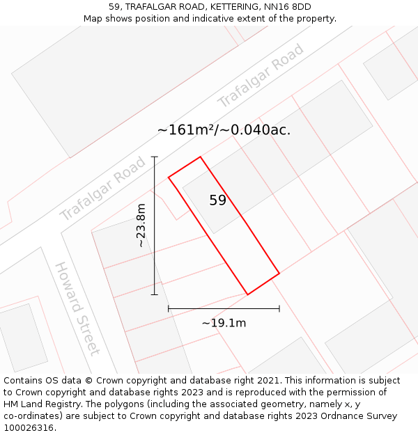 59, TRAFALGAR ROAD, KETTERING, NN16 8DD: Plot and title map