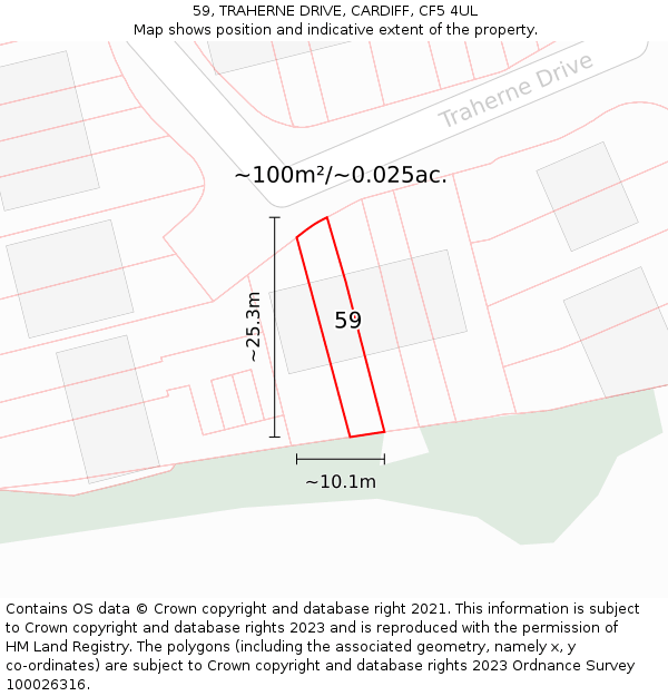 59, TRAHERNE DRIVE, CARDIFF, CF5 4UL: Plot and title map