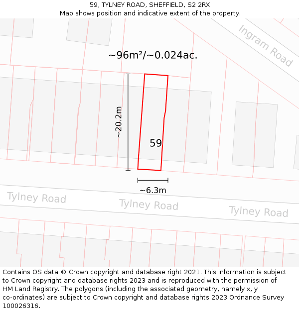 59, TYLNEY ROAD, SHEFFIELD, S2 2RX: Plot and title map