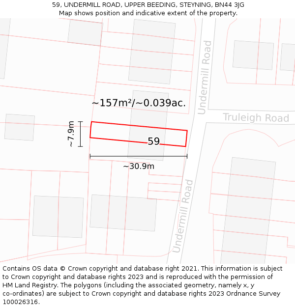 59, UNDERMILL ROAD, UPPER BEEDING, STEYNING, BN44 3JG: Plot and title map