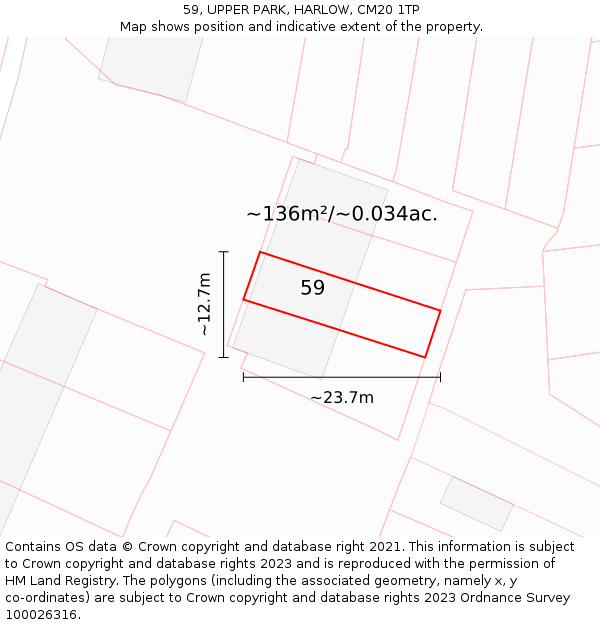 59, UPPER PARK, HARLOW, CM20 1TP: Plot and title map