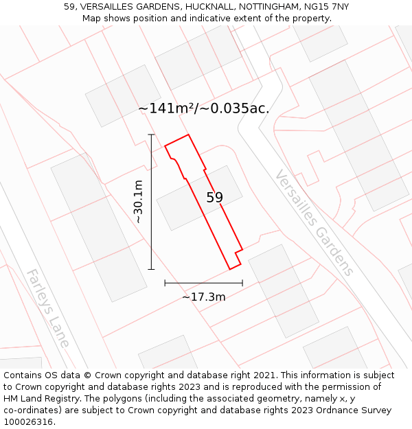 59, VERSAILLES GARDENS, HUCKNALL, NOTTINGHAM, NG15 7NY: Plot and title map