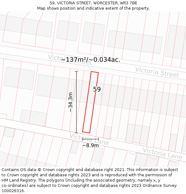 59, VICTORIA STREET, WORCESTER, WR3 7BE: Plot and title map