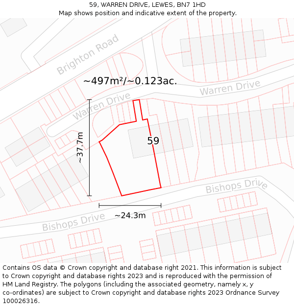 59, WARREN DRIVE, LEWES, BN7 1HD: Plot and title map