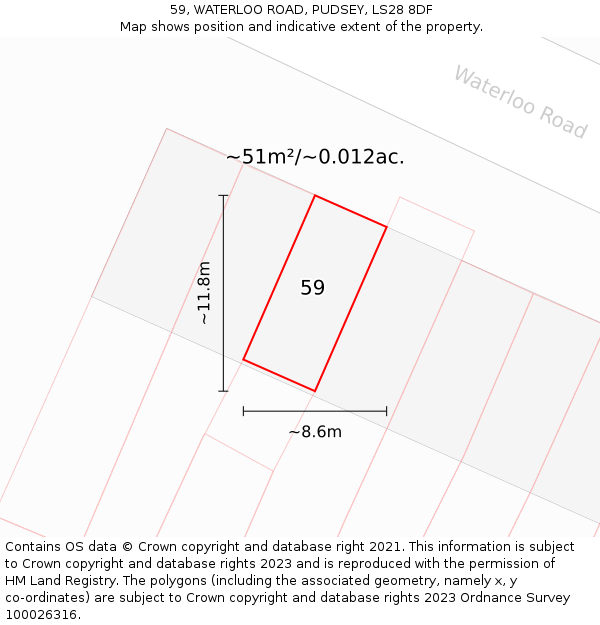 59, WATERLOO ROAD, PUDSEY, LS28 8DF: Plot and title map