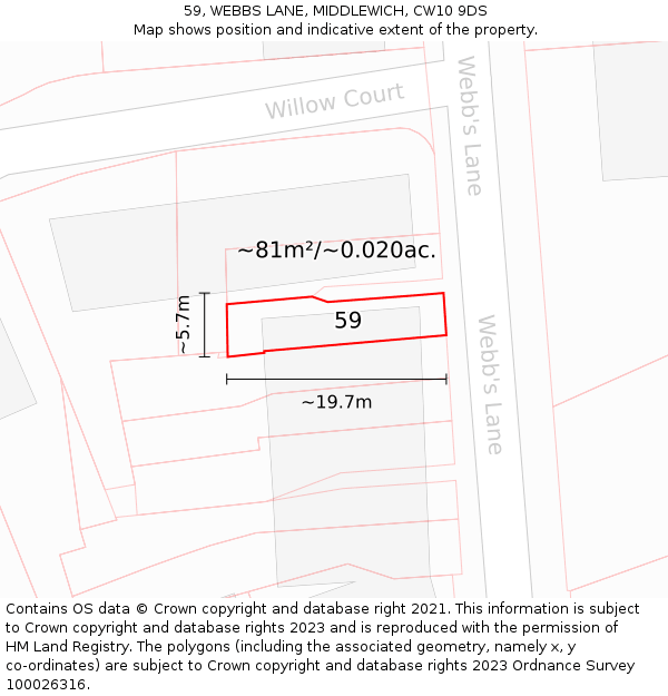 59, WEBBS LANE, MIDDLEWICH, CW10 9DS: Plot and title map