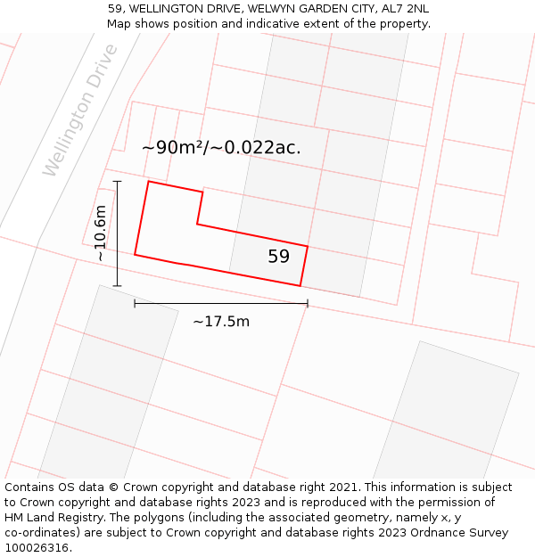 59, WELLINGTON DRIVE, WELWYN GARDEN CITY, AL7 2NL: Plot and title map