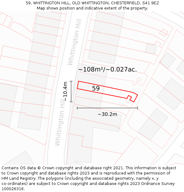 59, WHITTINGTON HILL, OLD WHITTINGTON, CHESTERFIELD, S41 9EZ: Plot and title map