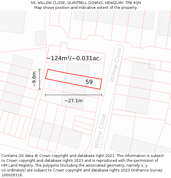 59, WILLOW CLOSE, QUINTRELL DOWNS, NEWQUAY, TR8 4QN: Plot and title map