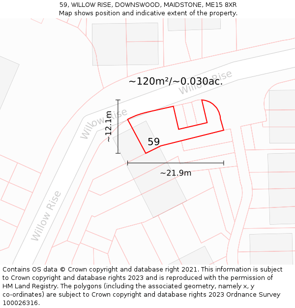 59, WILLOW RISE, DOWNSWOOD, MAIDSTONE, ME15 8XR: Plot and title map