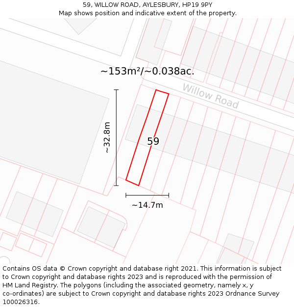 59, WILLOW ROAD, AYLESBURY, HP19 9PY: Plot and title map