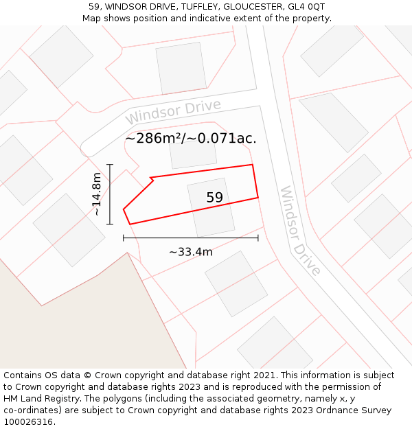 59, WINDSOR DRIVE, TUFFLEY, GLOUCESTER, GL4 0QT: Plot and title map