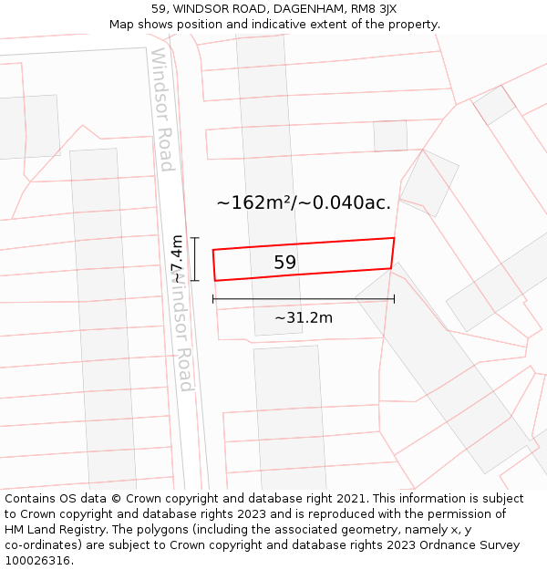 59, WINDSOR ROAD, DAGENHAM, RM8 3JX: Plot and title map