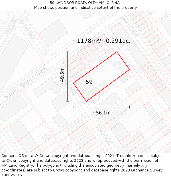 59, WINDSOR ROAD, OLDHAM, OL8 4AL: Plot and title map