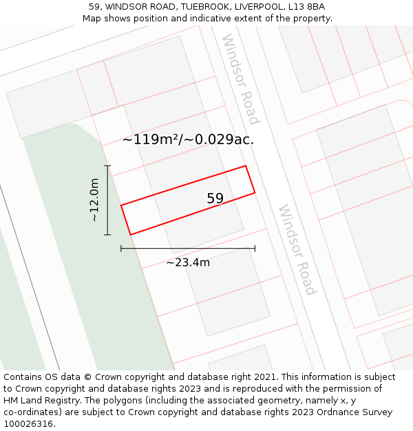 59, WINDSOR ROAD, TUEBROOK, LIVERPOOL, L13 8BA: Plot and title map