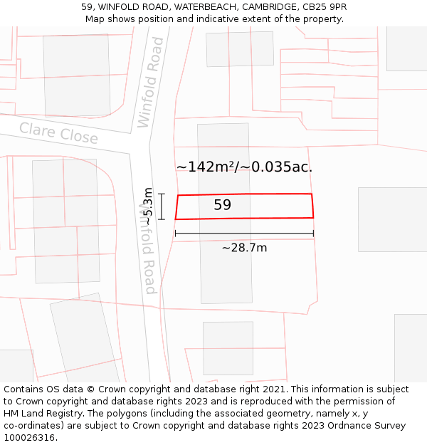 59, WINFOLD ROAD, WATERBEACH, CAMBRIDGE, CB25 9PR: Plot and title map