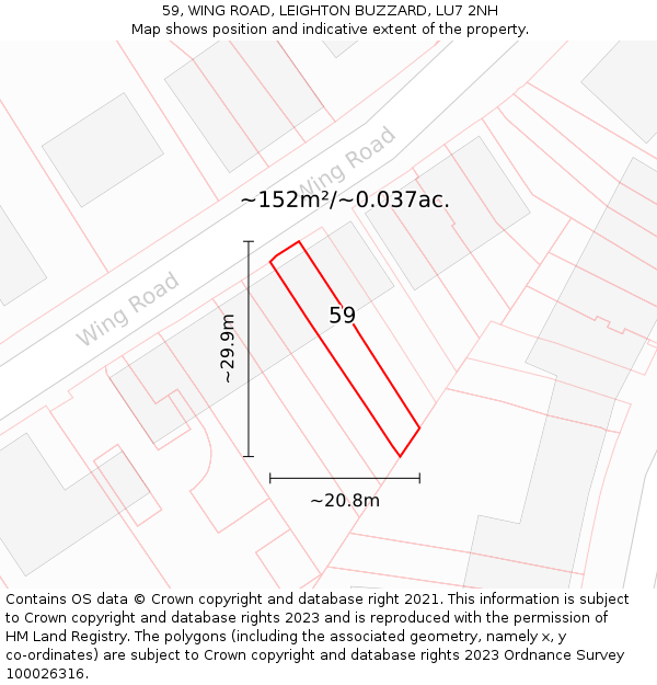 59, WING ROAD, LEIGHTON BUZZARD, LU7 2NH: Plot and title map
