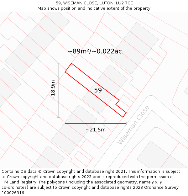 59, WISEMAN CLOSE, LUTON, LU2 7GE: Plot and title map