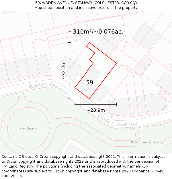 59, WODEN AVENUE, STANWAY, COLCHESTER, CO3 0QY: Plot and title map