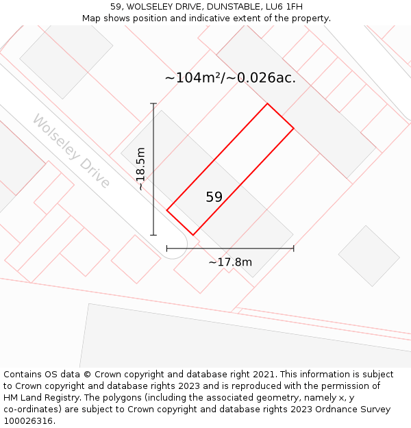 59, WOLSELEY DRIVE, DUNSTABLE, LU6 1FH: Plot and title map
