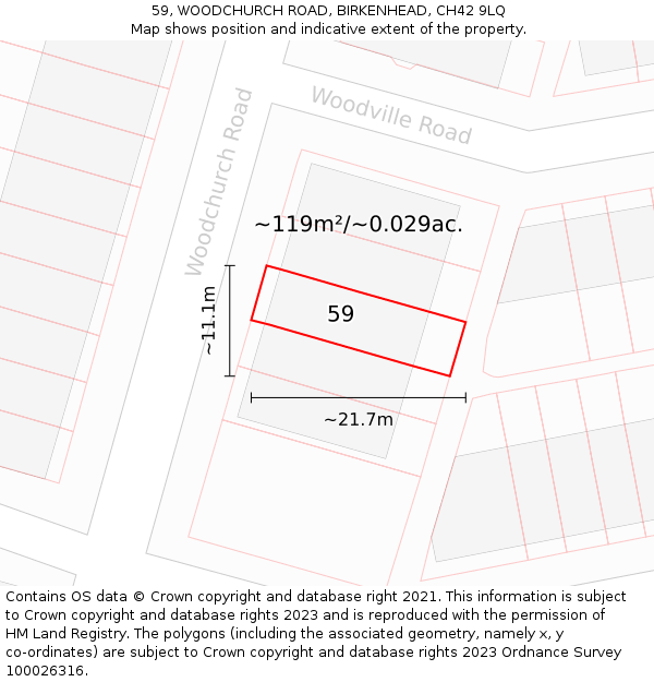 59, WOODCHURCH ROAD, BIRKENHEAD, CH42 9LQ: Plot and title map