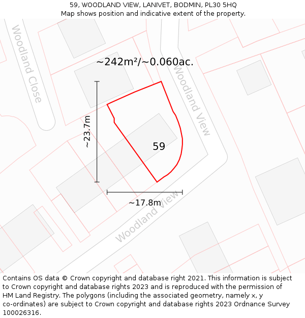 59, WOODLAND VIEW, LANIVET, BODMIN, PL30 5HQ: Plot and title map