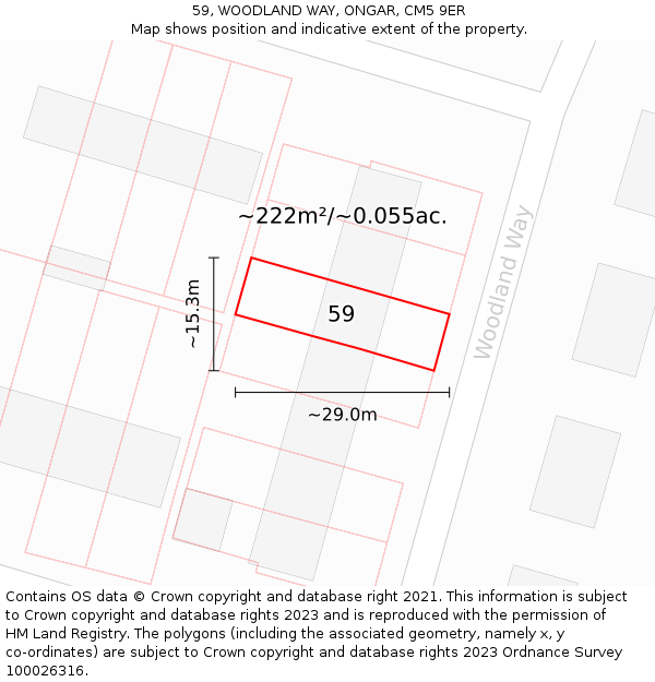 59, WOODLAND WAY, ONGAR, CM5 9ER: Plot and title map
